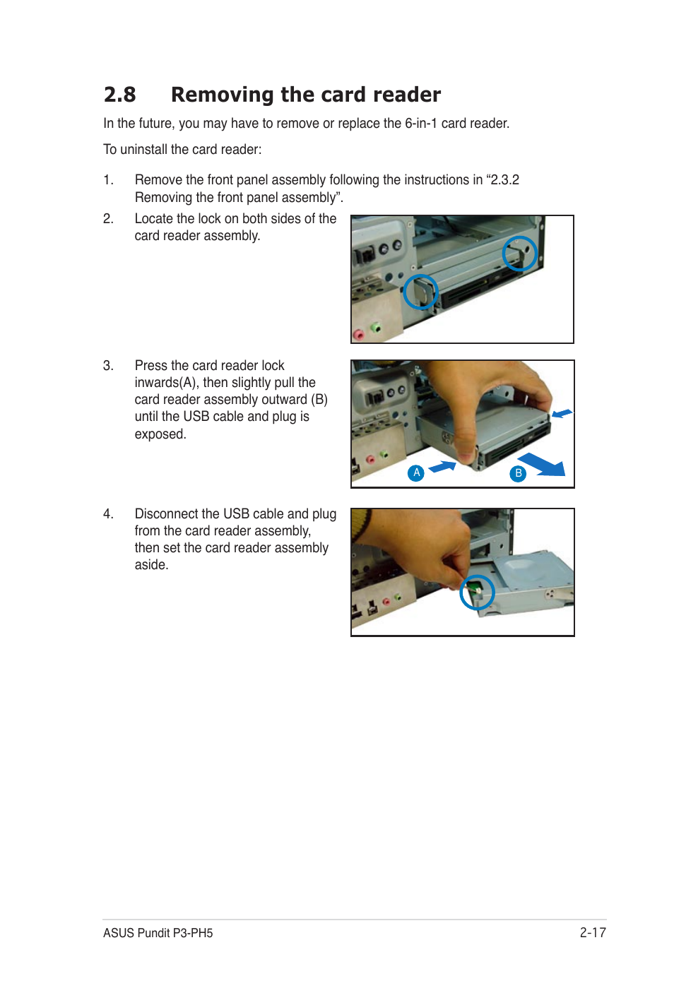 8 removing the card reader | Asus Desktop Barebone Pundit P3-PH5 User Manual | Page 33 / 100