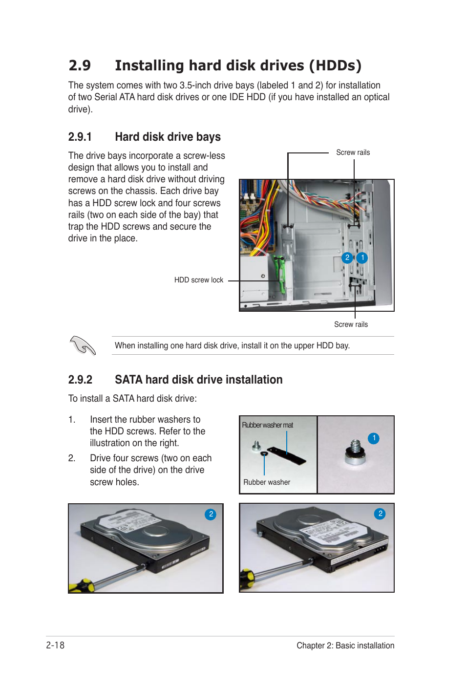 9 installing hard disk drives (hdds), 2 sata hard disk drive installation, 1 hard disk drive bays | Asus Desktop Barebone Pundit P3-PH5 User Manual | Page 34 / 100