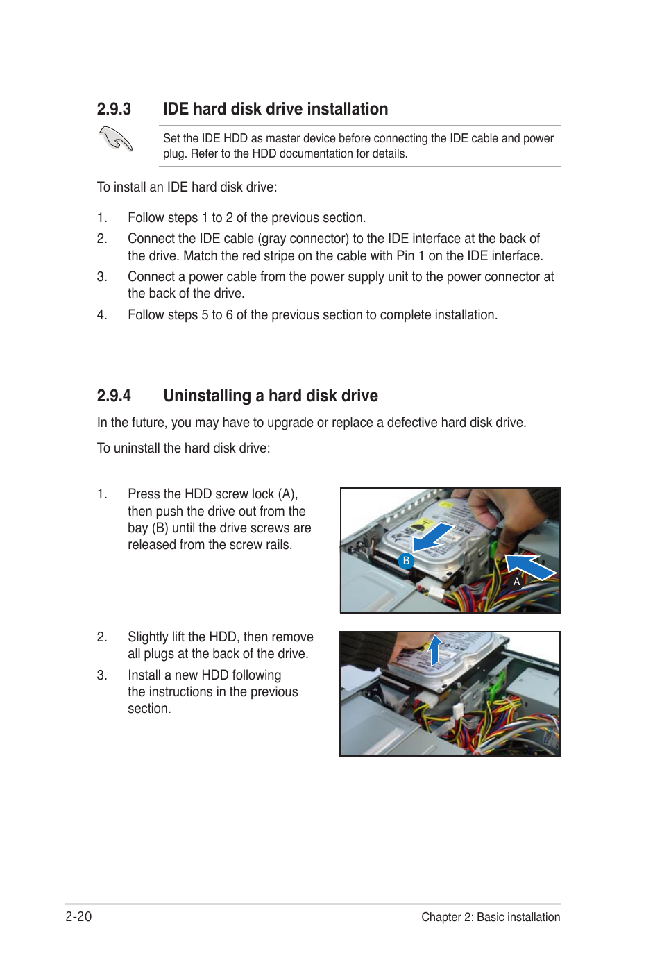 3 ide hard disk drive installation, 4 uninstalling a hard disk drive | Asus Desktop Barebone Pundit P3-PH5 User Manual | Page 36 / 100