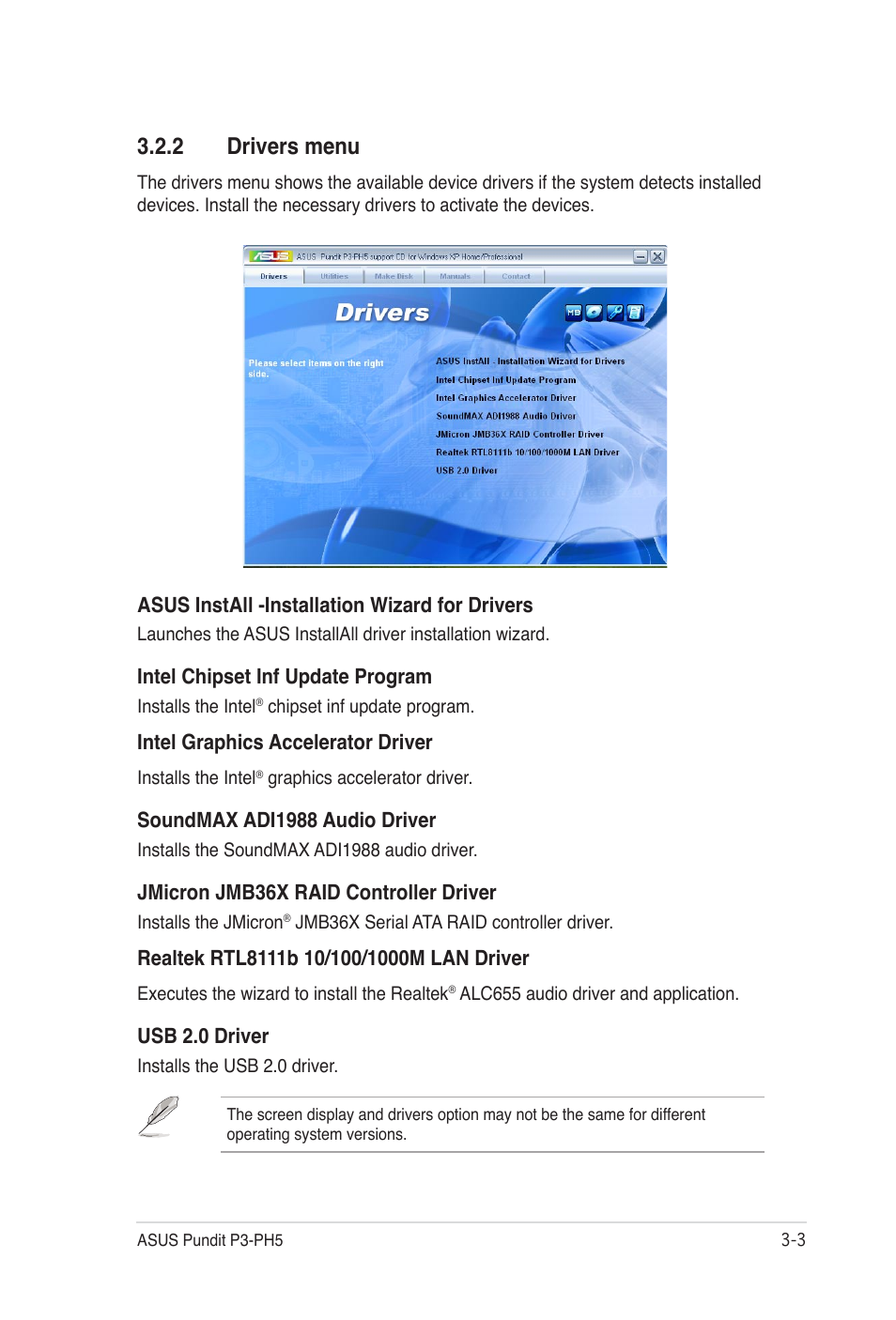 2 drivers menu | Asus Desktop Barebone Pundit P3-PH5 User Manual | Page 43 / 100