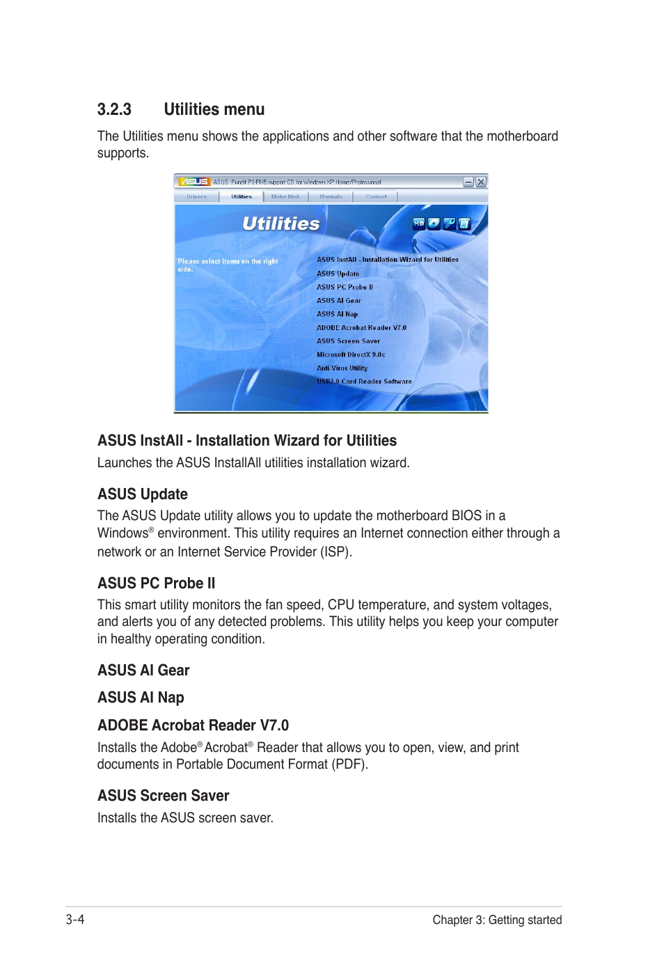 3 utilities menu | Asus Desktop Barebone Pundit P3-PH5 User Manual | Page 44 / 100