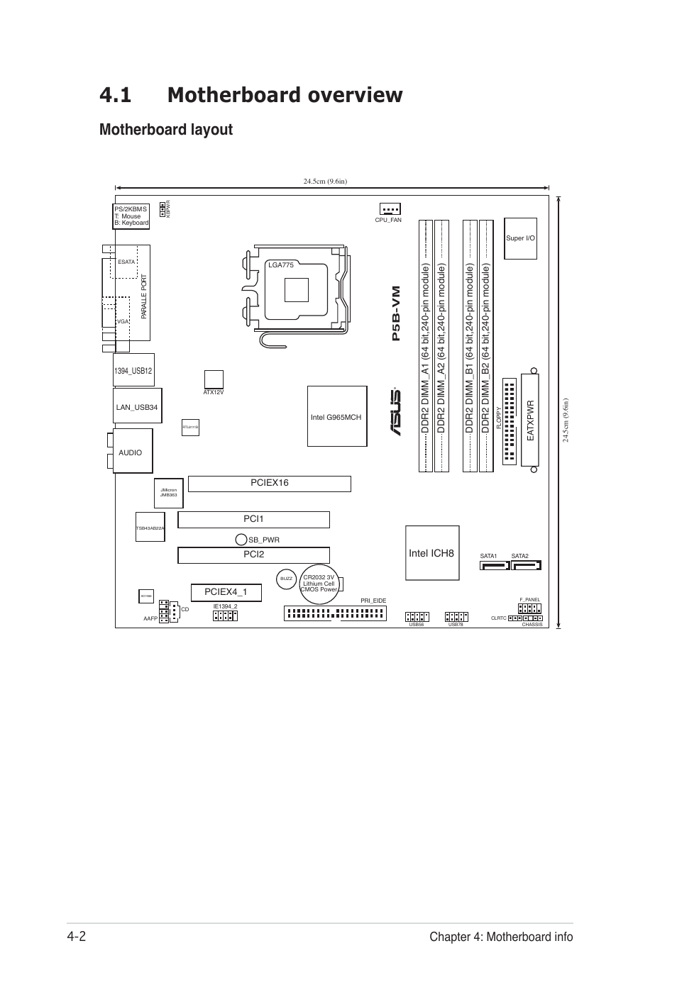 1 motherboard overview, Motherboard layout, 2 chapter 4: motherboard info | Intel ich8 | Asus Desktop Barebone Pundit P3-PH5 User Manual | Page 50 / 100