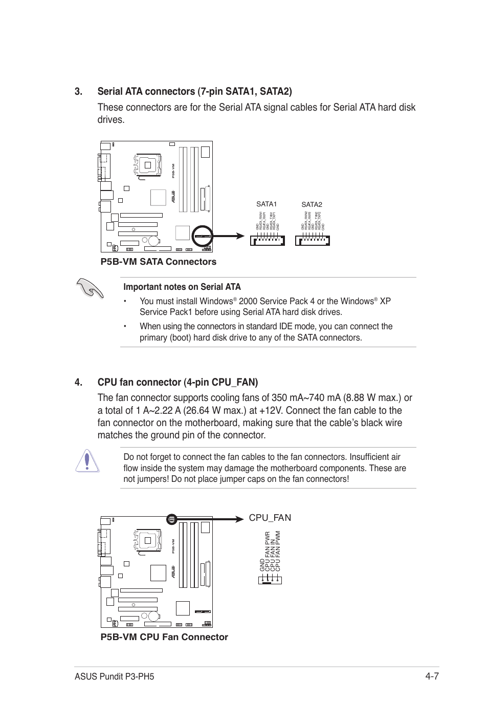 Asus pundit p3-ph5, P5b-vm sata connectors, P5b-vm cpu fan connector cpu_fan | Asus Desktop Barebone Pundit P3-PH5 User Manual | Page 55 / 100