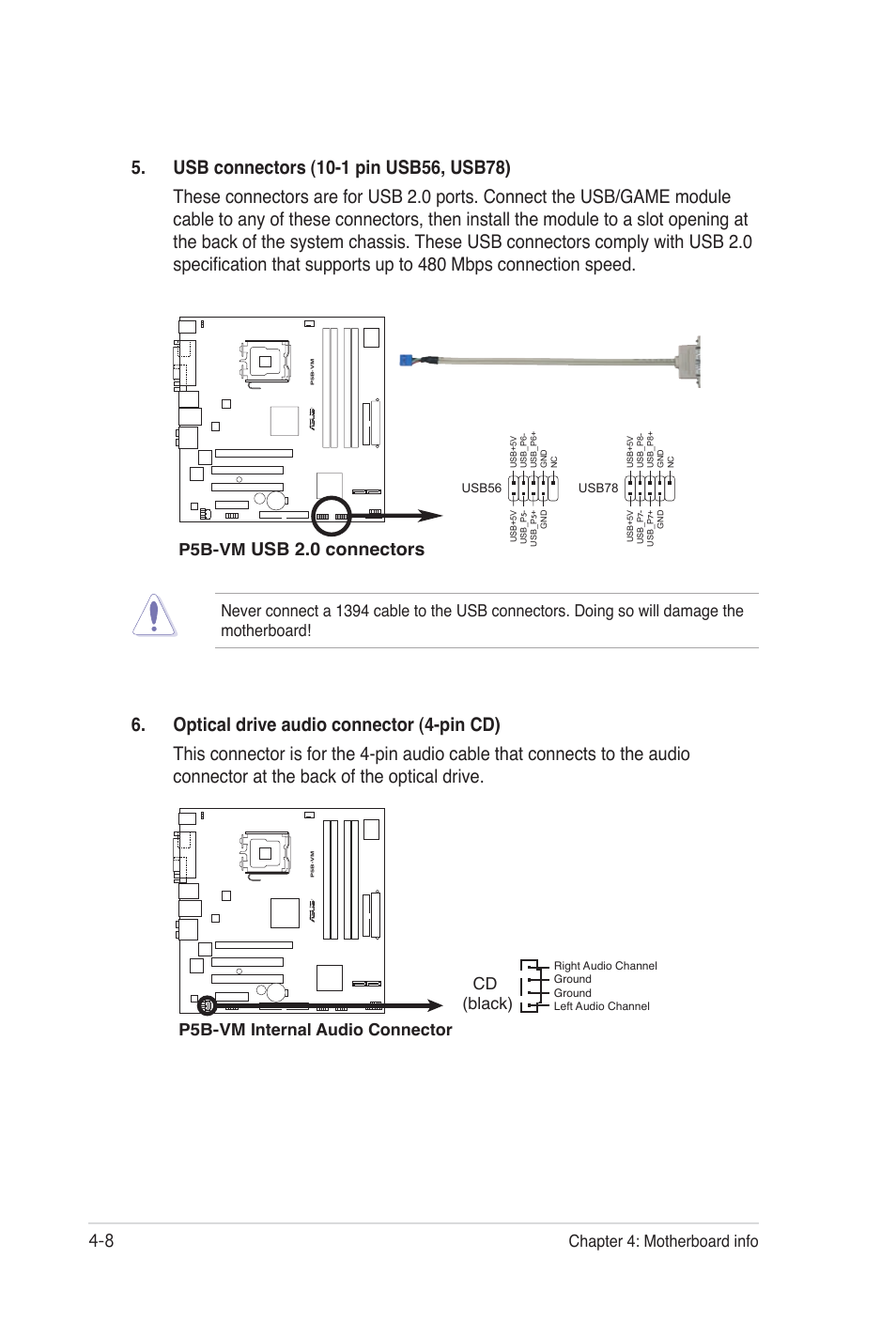 Usb 2.0 connectors, Chapter 4: motherboard info, P5b-vm | P5b-vm internal audio connector cd (black) | Asus Desktop Barebone Pundit P3-PH5 User Manual | Page 56 / 100