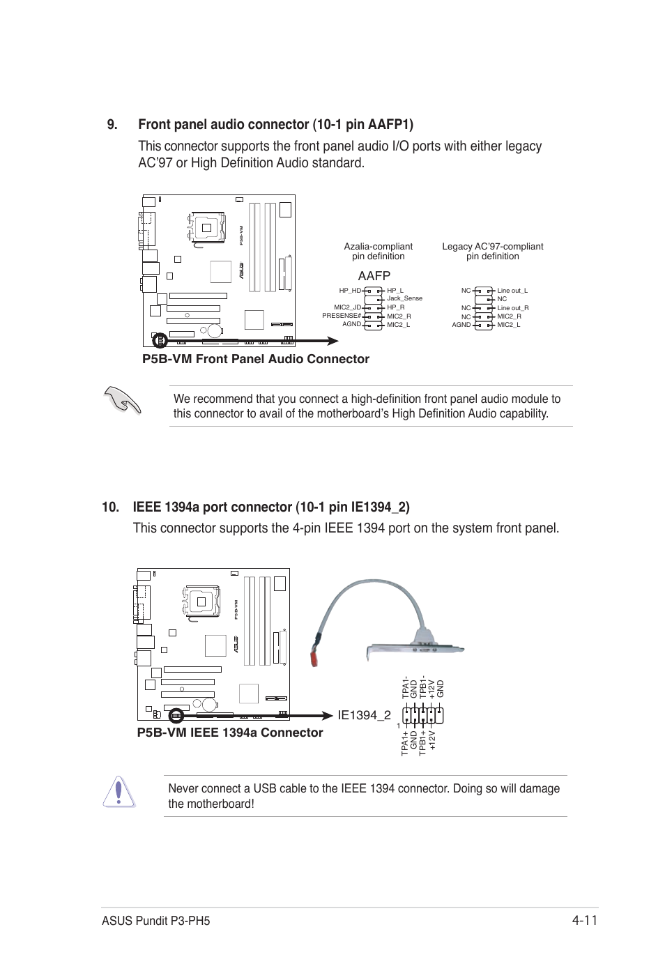 11 asus pundit p3-ph5, P5b-vm front panel audio connector, Aafp | Asus Desktop Barebone Pundit P3-PH5 User Manual | Page 59 / 100