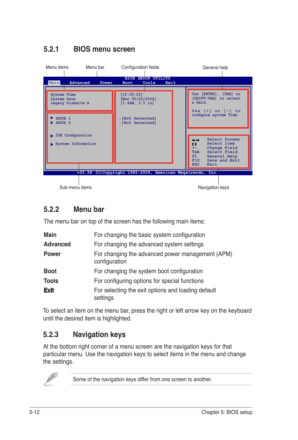 2 menu bar, 1 bios menu screen, 3 navigation keys | Asus Desktop Barebone Pundit P3-PH5 User Manual | Page 72 / 100