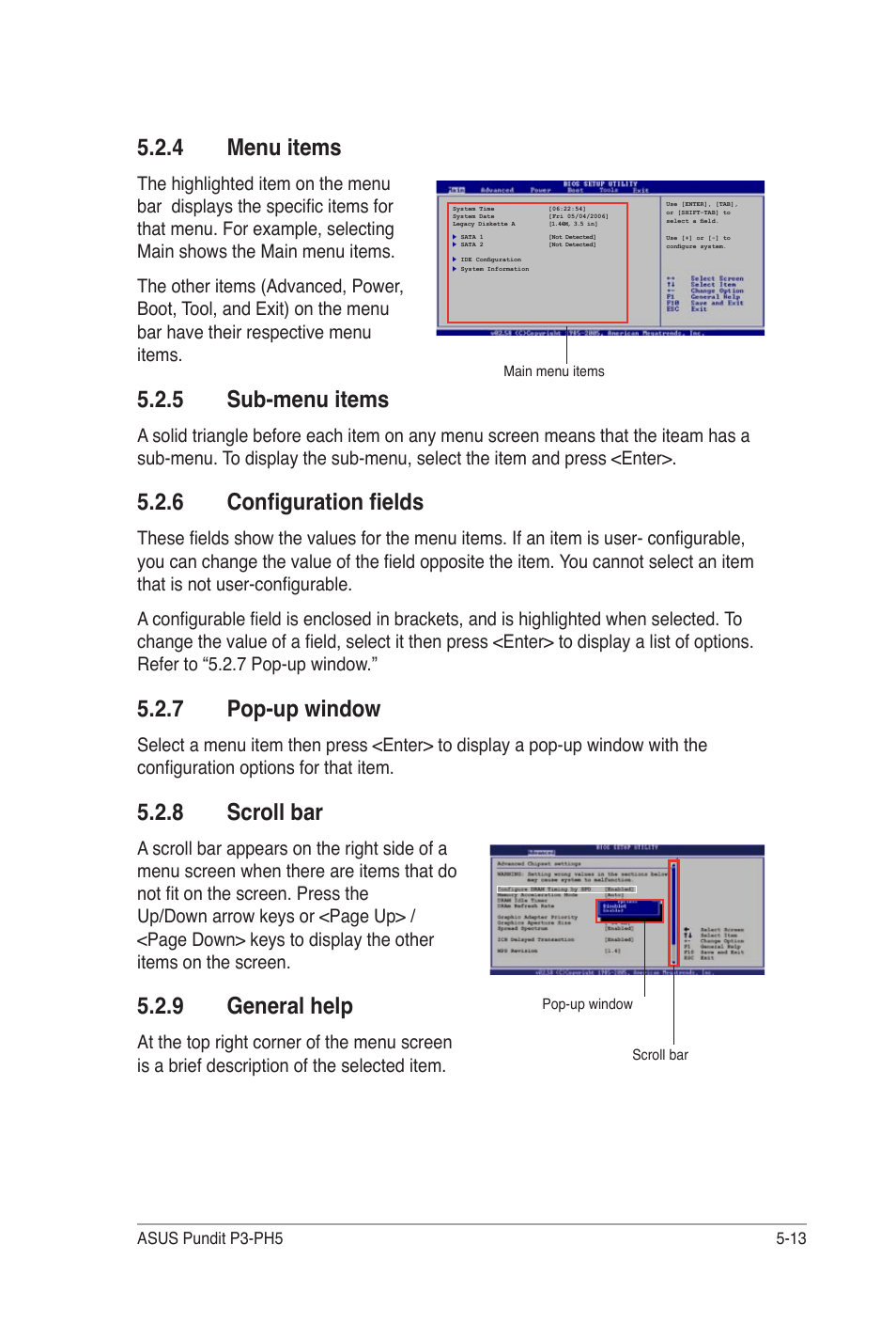 4 menu items, 5 sub-menu items, 6 configuration fields | 7 pop-up window, 8 scroll bar, 9 general help | Asus Desktop Barebone Pundit P3-PH5 User Manual | Page 73 / 100