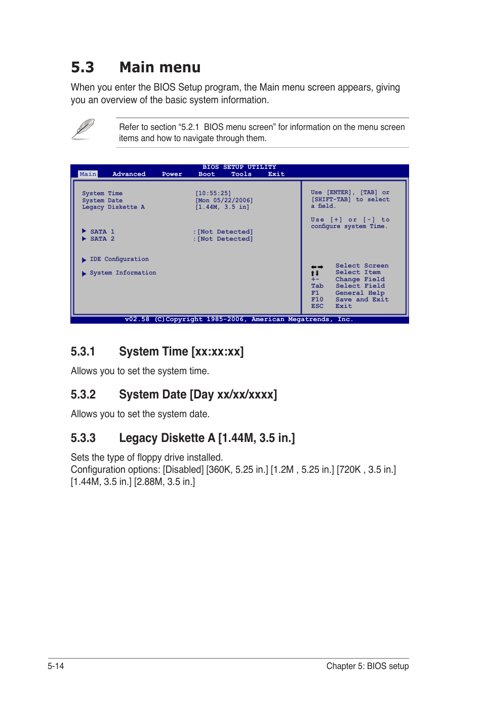 3 main menu, 1 system time [xx:xx:xx, Allows you to set the system time | Allows you to set the system date | Asus Desktop Barebone Pundit P3-PH5 User Manual | Page 74 / 100