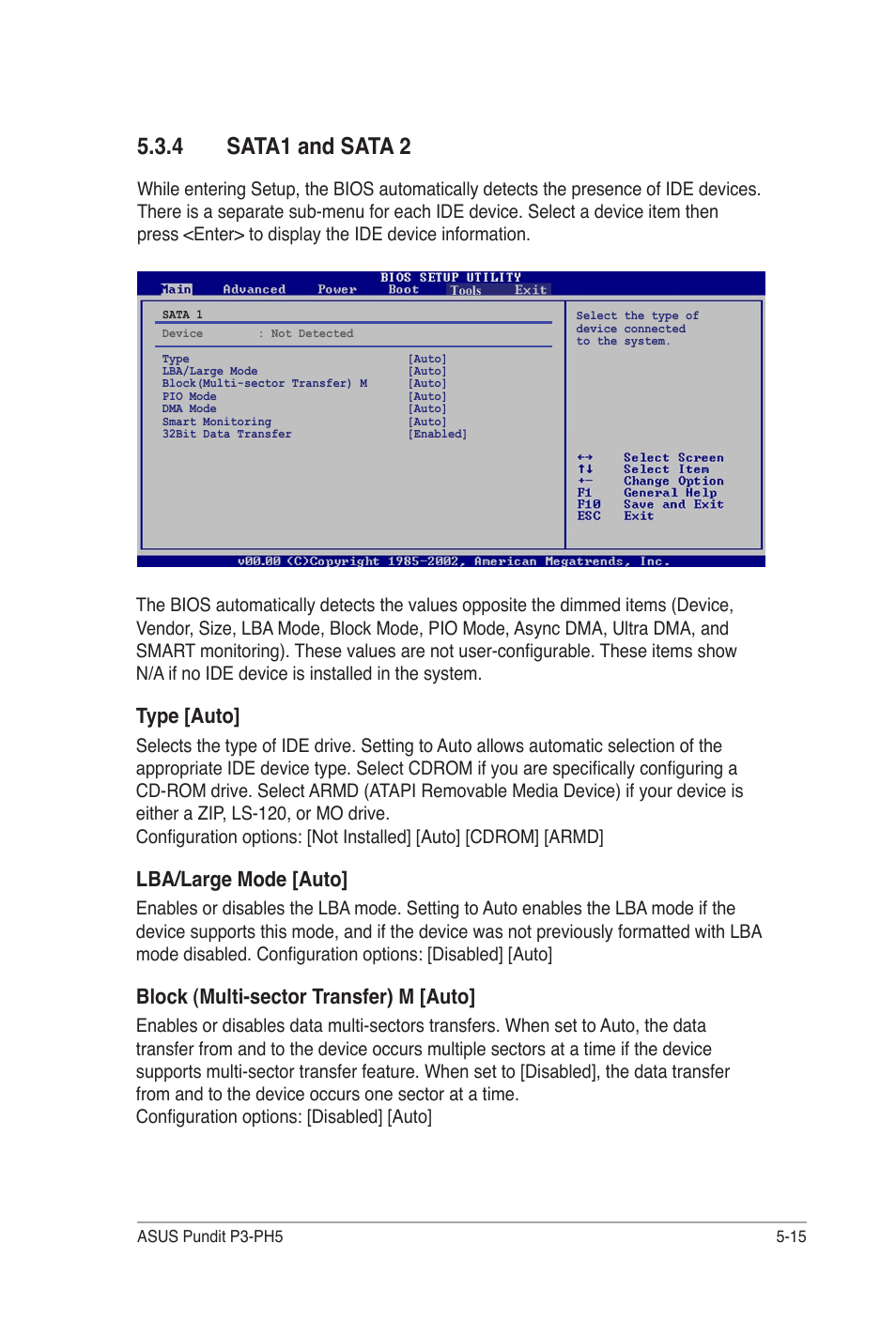 4 sata1 and sata 2, Type [auto, Lba/large mode [auto | Block (multi-sector transfer) m [auto | Asus Desktop Barebone Pundit P3-PH5 User Manual | Page 75 / 100