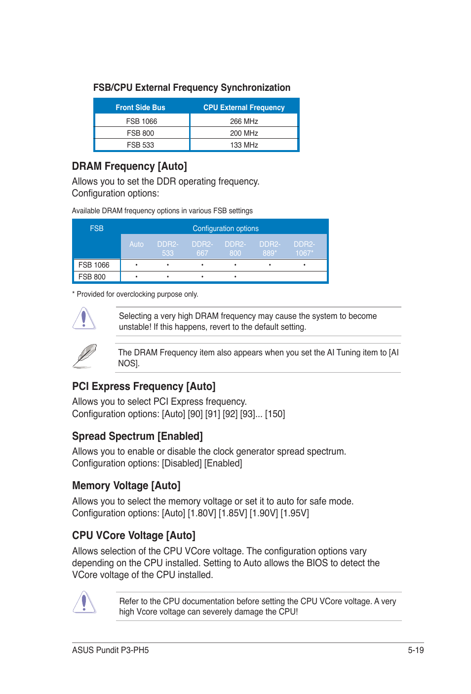 Pci express frequency [auto, Spread spectrum [enabled, Cpu vcore voltage [auto | Dram frequency [auto | Asus Desktop Barebone Pundit P3-PH5 User Manual | Page 79 / 100