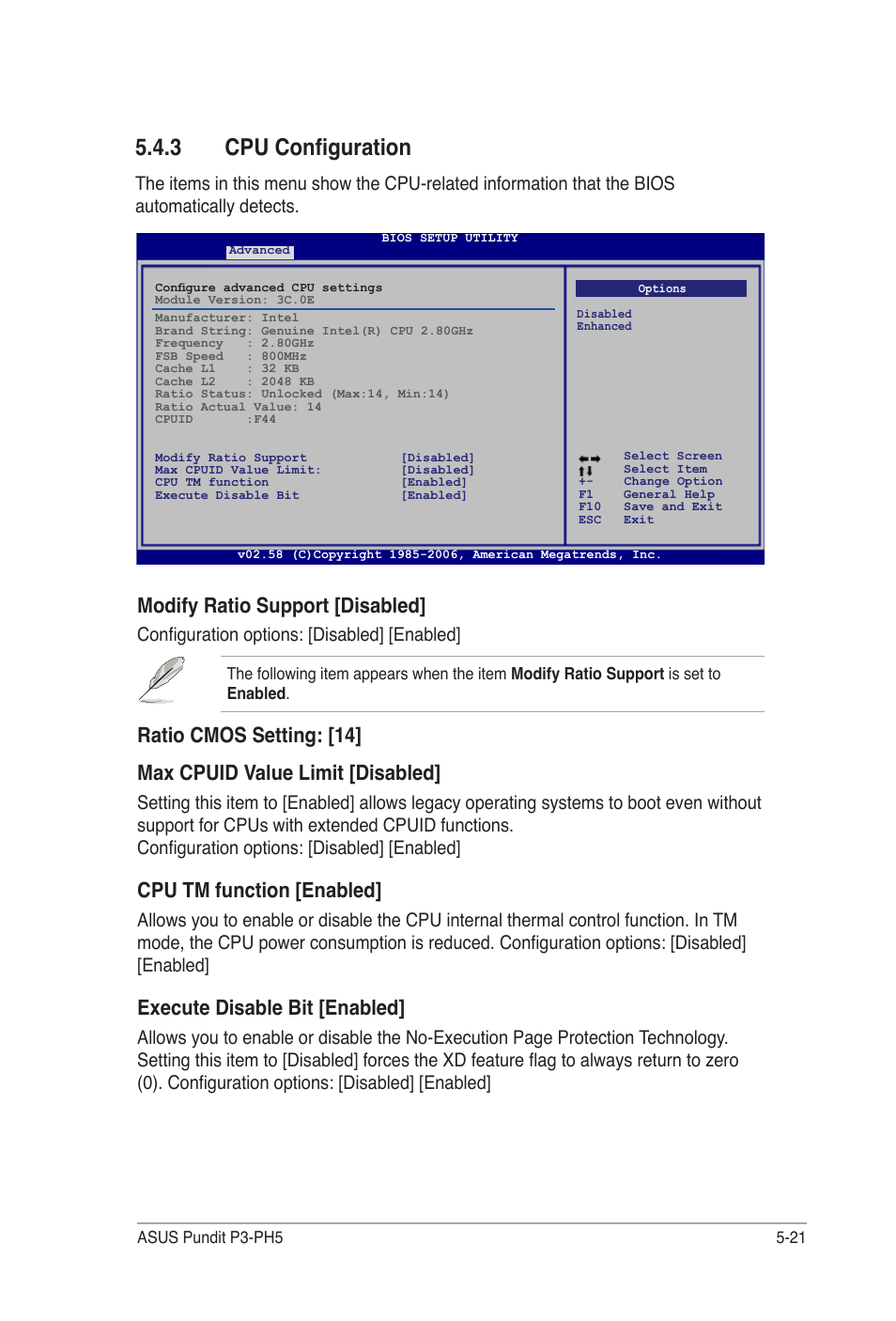 3 cpu configuration, Modify ratio support [disabled, Cpu tm function [enabled | Execute disable bit [enabled, Configuration options: [disabled] [enabled | Asus Desktop Barebone Pundit P3-PH5 User Manual | Page 81 / 100