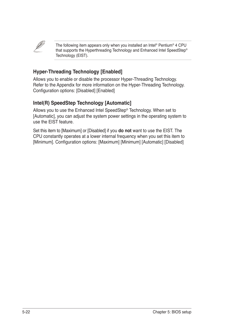 Hyper-threading technology [enabled, Intel(r) speedstep technology [automatic | Asus Desktop Barebone Pundit P3-PH5 User Manual | Page 82 / 100