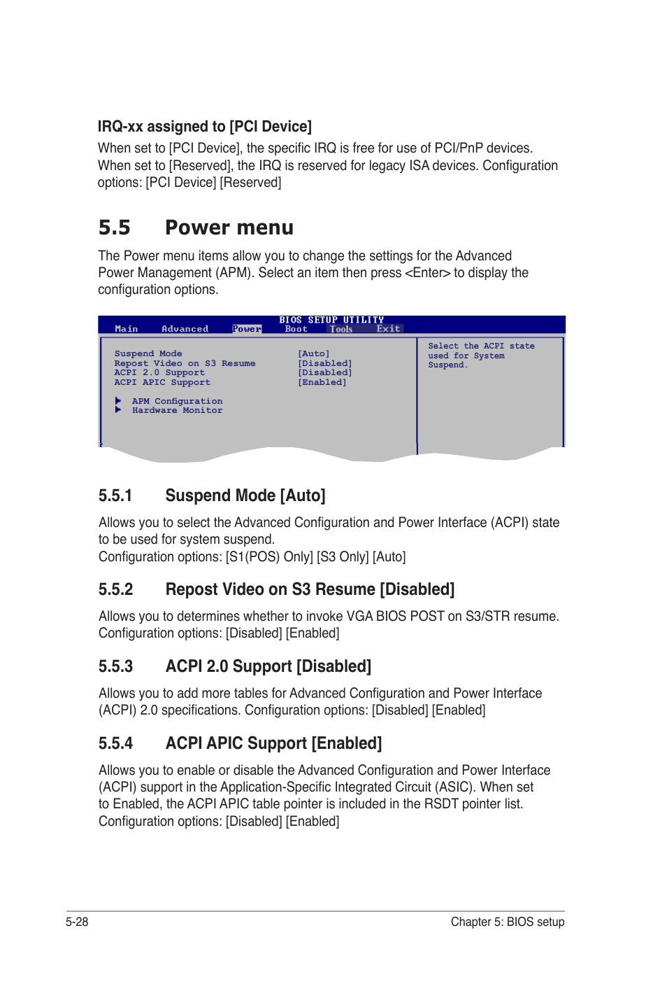 5 power menu, 1 suspend mode [auto, 2 repost video on s3 resume [disabled | 3 acpi 2.0 support [disabled, 4 acpi apic support [enabled | Asus Desktop Barebone Pundit P3-PH5 User Manual | Page 88 / 100