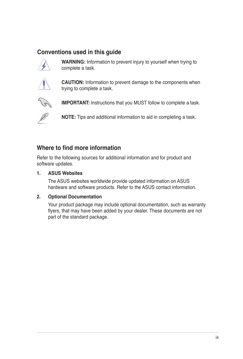 Conventions used in this guide, Where to find more information | Asus Desktop Barebone Pundit P3-PH5 User Manual | Page 9 / 100