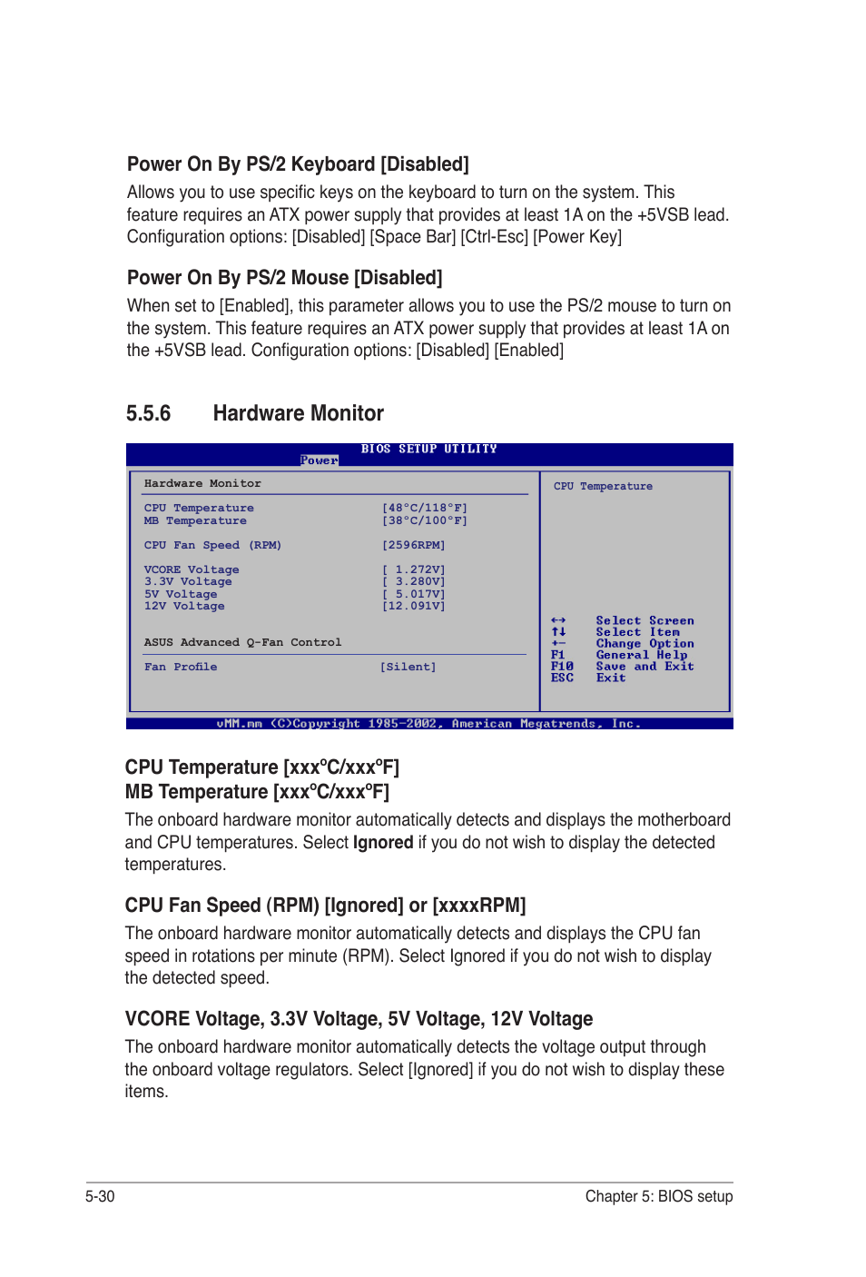 6 hardware monitor, Power on by ps/2 keyboard [disabled, Power on by ps/2 mouse [disabled | Asus Desktop Barebone Pundit P3-PH5 User Manual | Page 90 / 100