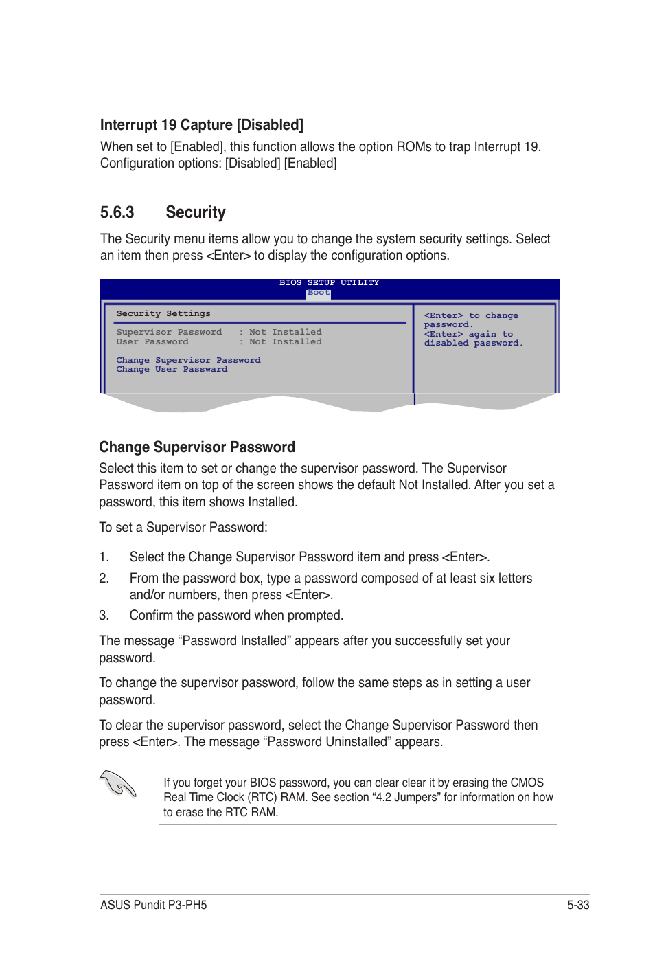 3 security, 1 boot device priority, Change supervisor password | Interrupt 19 capture [disabled | Asus Desktop Barebone Pundit P3-PH5 User Manual | Page 93 / 100