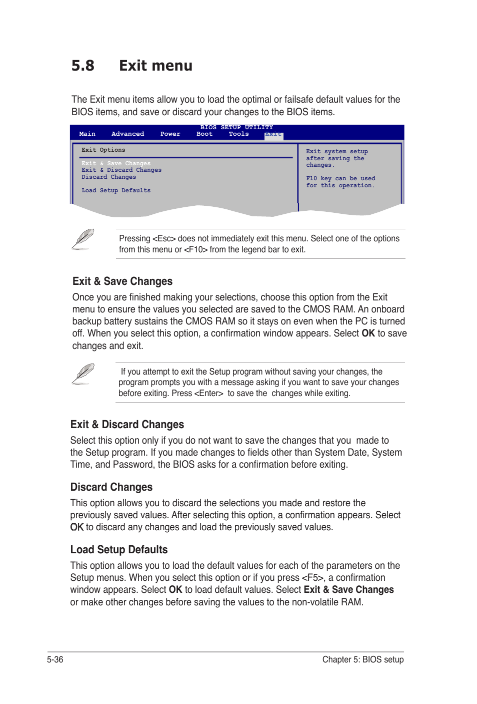 8 exit menu, Exit & discard changes, Discard changes | Load setup defaults, Exit & save changes | Asus Desktop Barebone Pundit P3-PH5 User Manual | Page 96 / 100