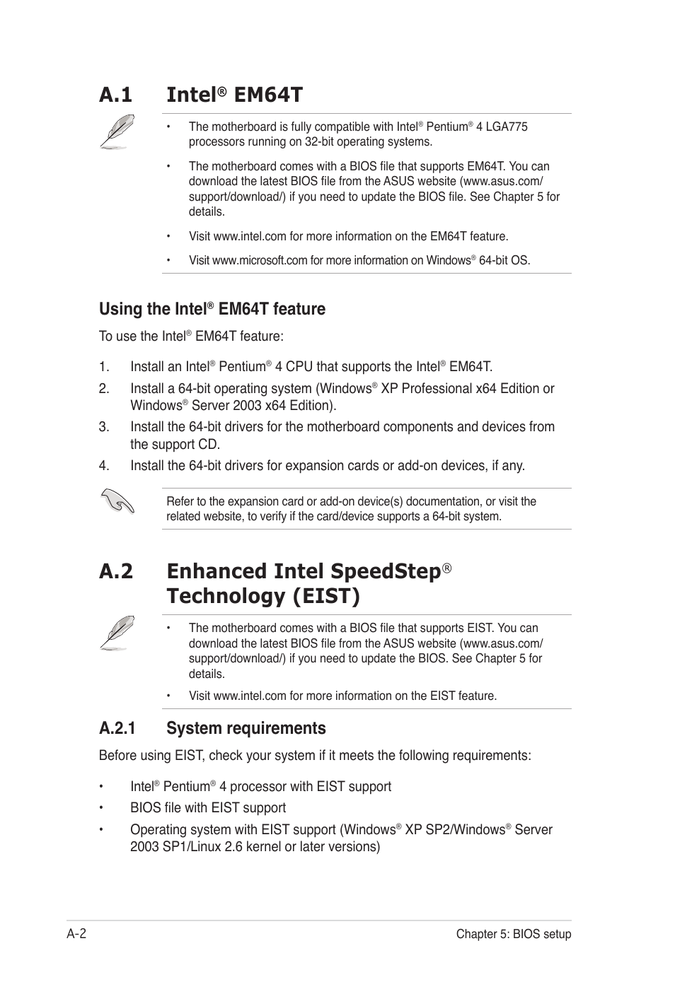 A.1 intel, Em64t, A.2 enhanced intel speedstep | Technology (eist), Using the intel, Em64t feature, A.2.1 system requirements | Asus Desktop Barebone Pundit P3-PH5 User Manual | Page 98 / 100