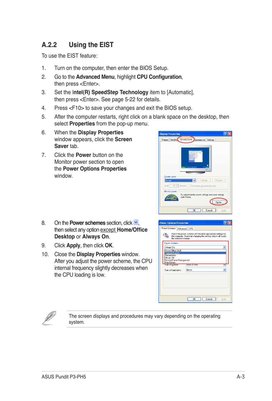 A.2.2 using the eist | Asus Desktop Barebone Pundit P3-PH5 User Manual | Page 99 / 100