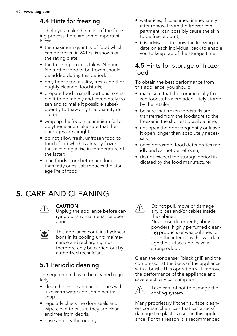 Care and cleaning, 4 hints for freezing, 5 hints for storage of frozen food | 1 periodic cleaning | AEG SCT71800S1 User Manual | Page 12 / 52