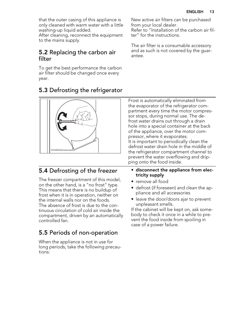 2 replacing the carbon air filter, 3 defrosting the refrigerator, 4 defrosting of the freezer | 5 periods of non-operation | AEG SCT71800S1 User Manual | Page 13 / 52