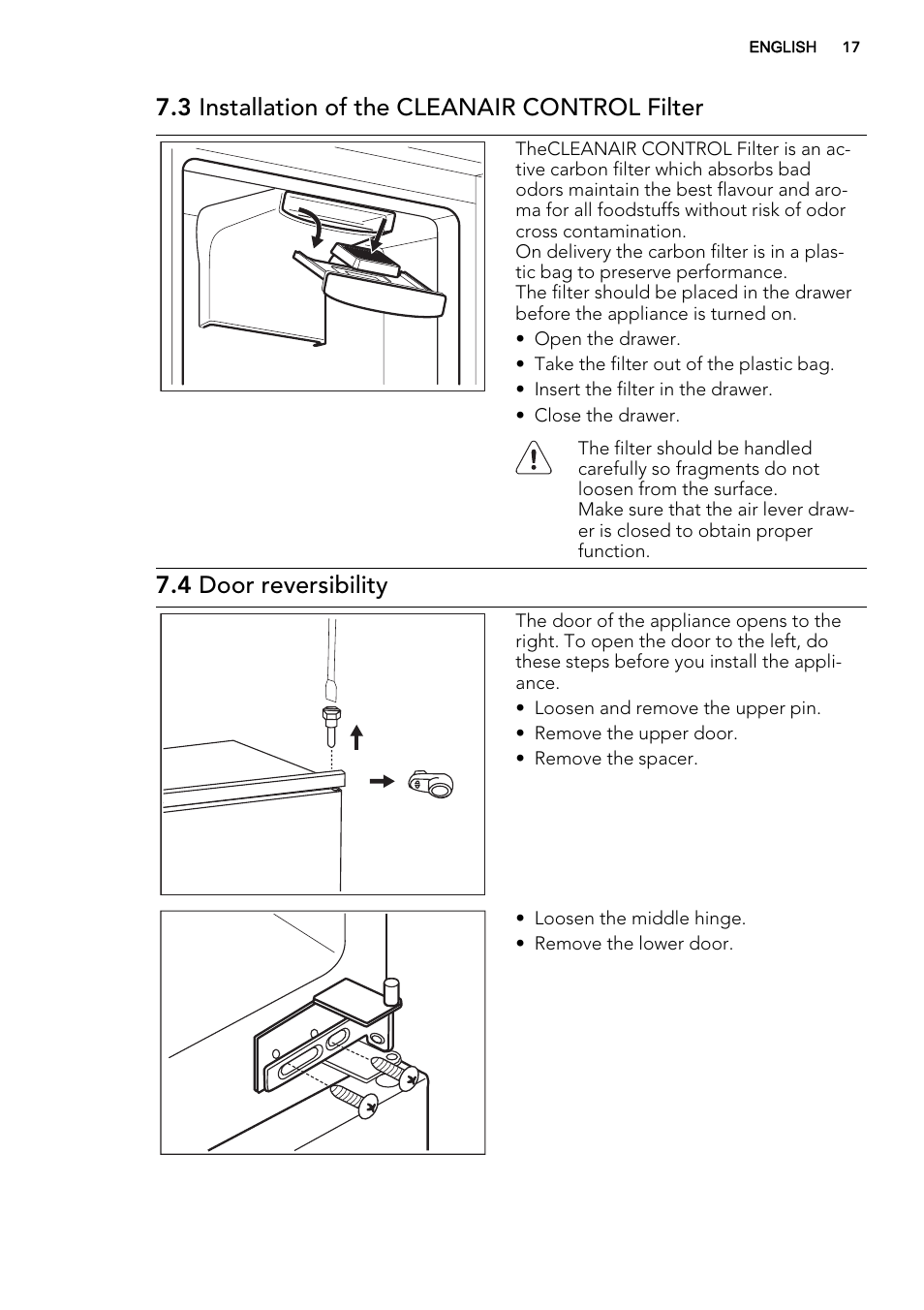 3 installation of the cleanair control filter, 4 door reversibility | AEG SCT71800S1 User Manual | Page 17 / 52