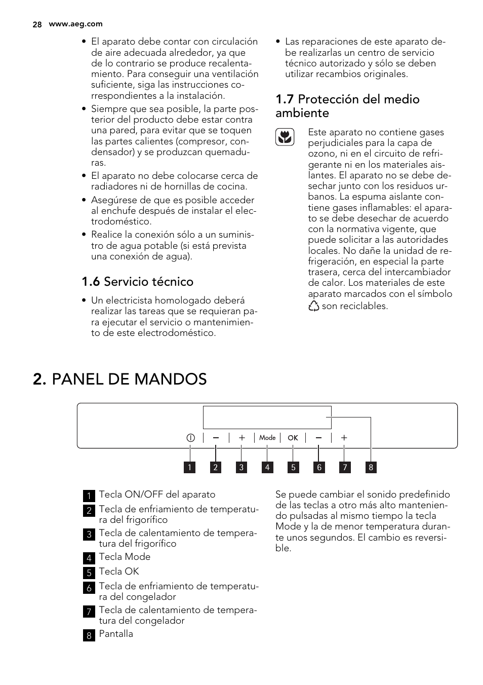 Panel de mandos, 6 servicio técnico, 7 protección del medio ambiente | AEG SCT71800S1 User Manual | Page 28 / 52