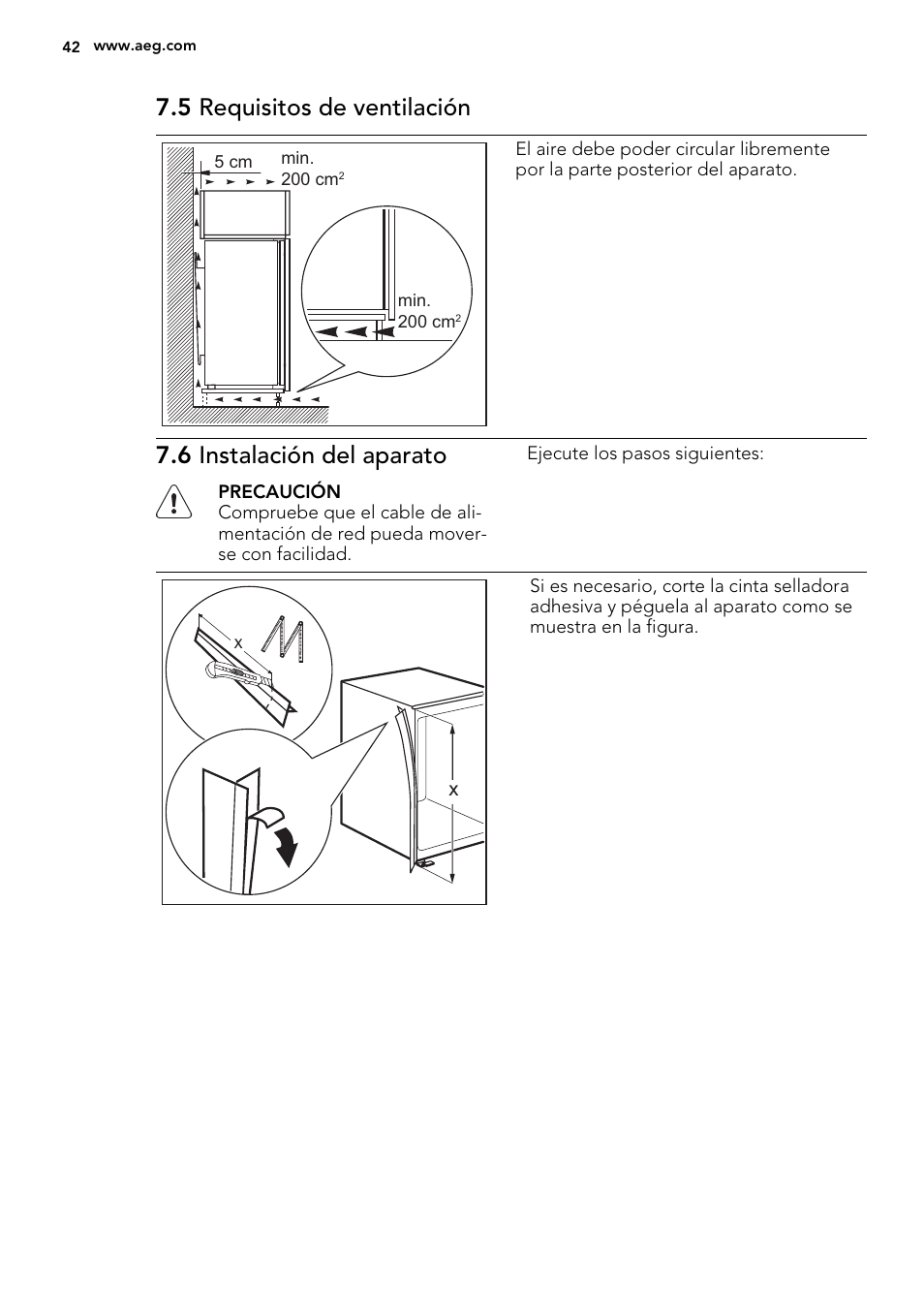 5 requisitos de ventilación, 6 instalación del aparato | AEG SCT71800S1 User Manual | Page 42 / 52