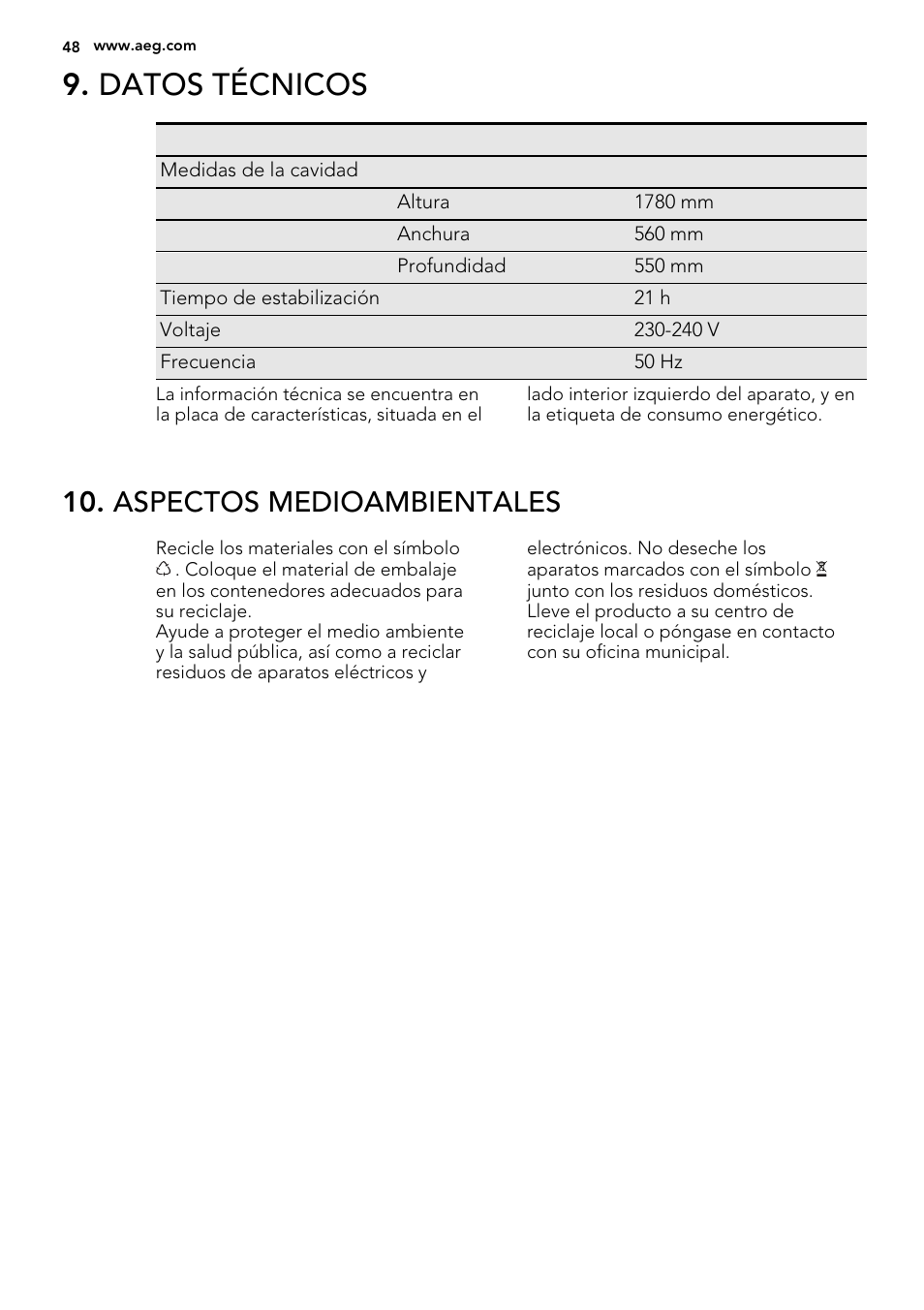 Datos técnicos, Aspectos medioambientales | AEG SCT71800S1 User Manual | Page 48 / 52