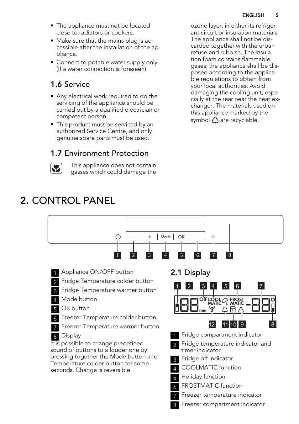 Control panel, 6 service, 7 environment protection | 1 display | AEG SCT71800S1 User Manual | Page 5 / 52