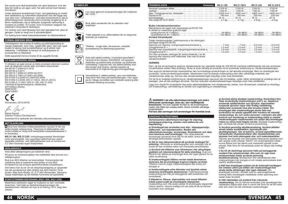 Norsk, Svenska | AEG WS 21-180 User Manual | Page 23 / 51