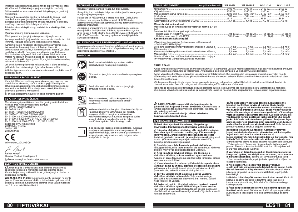 Lietuviškai, Eesti | AEG WS 21-180 User Manual | Page 41 / 51