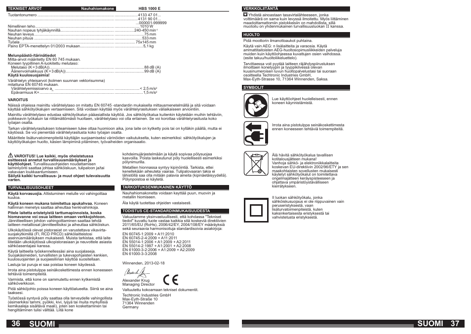 Suomi | AEG HBS 1000 E User Manual | Page 19 / 37