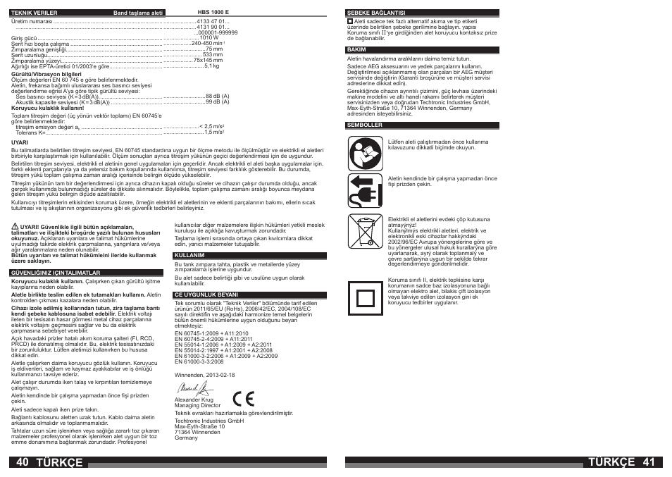 Türkçe | AEG HBS 1000 E User Manual | Page 21 / 37