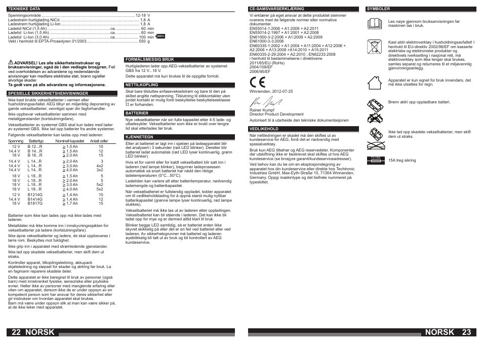 Norsk | AEG AL1218 User Manual | Page 12 / 31