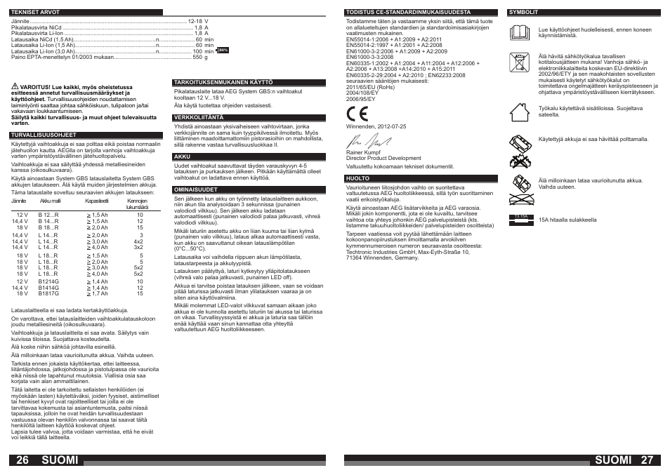 Suomi | AEG AL1218 User Manual | Page 14 / 31