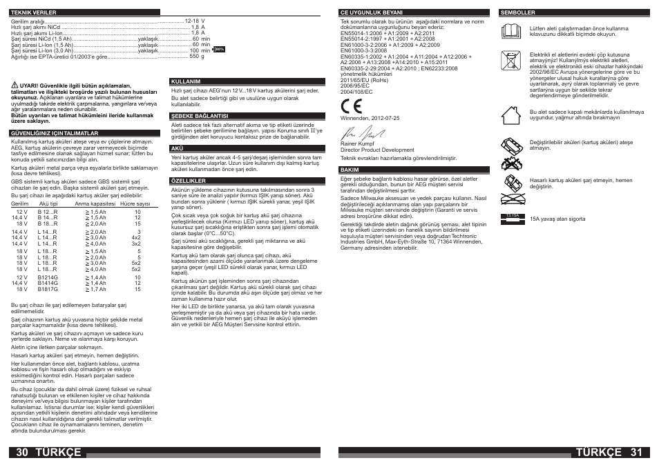 Türkçe | AEG AL1218 User Manual | Page 16 / 31