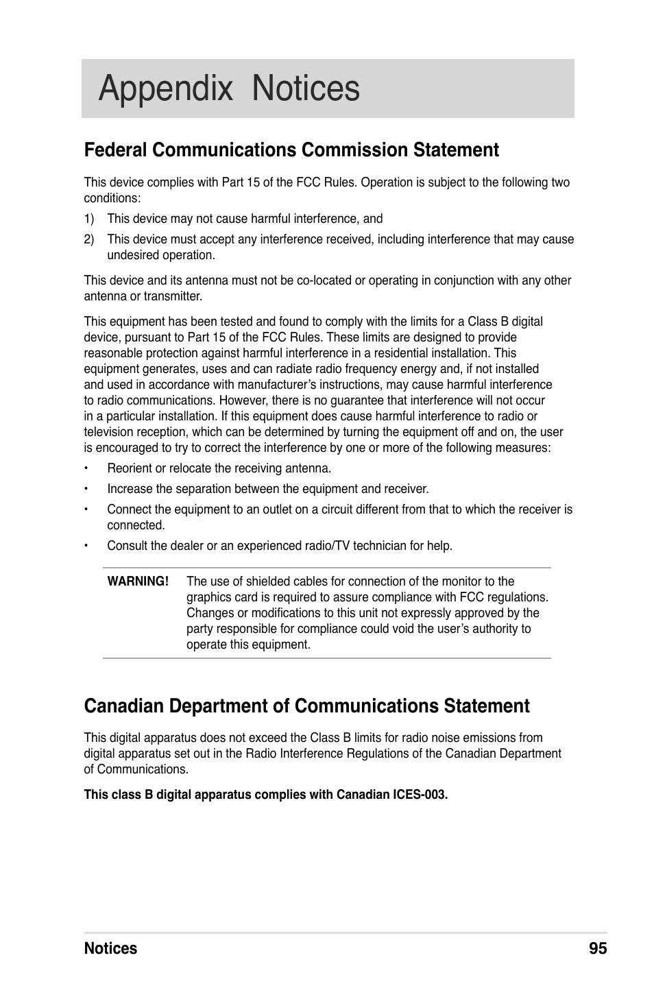 Appendix notices, Federal communications commission statement, Canadian department of communications statement | Asus A632N User Manual | Page 101 / 104