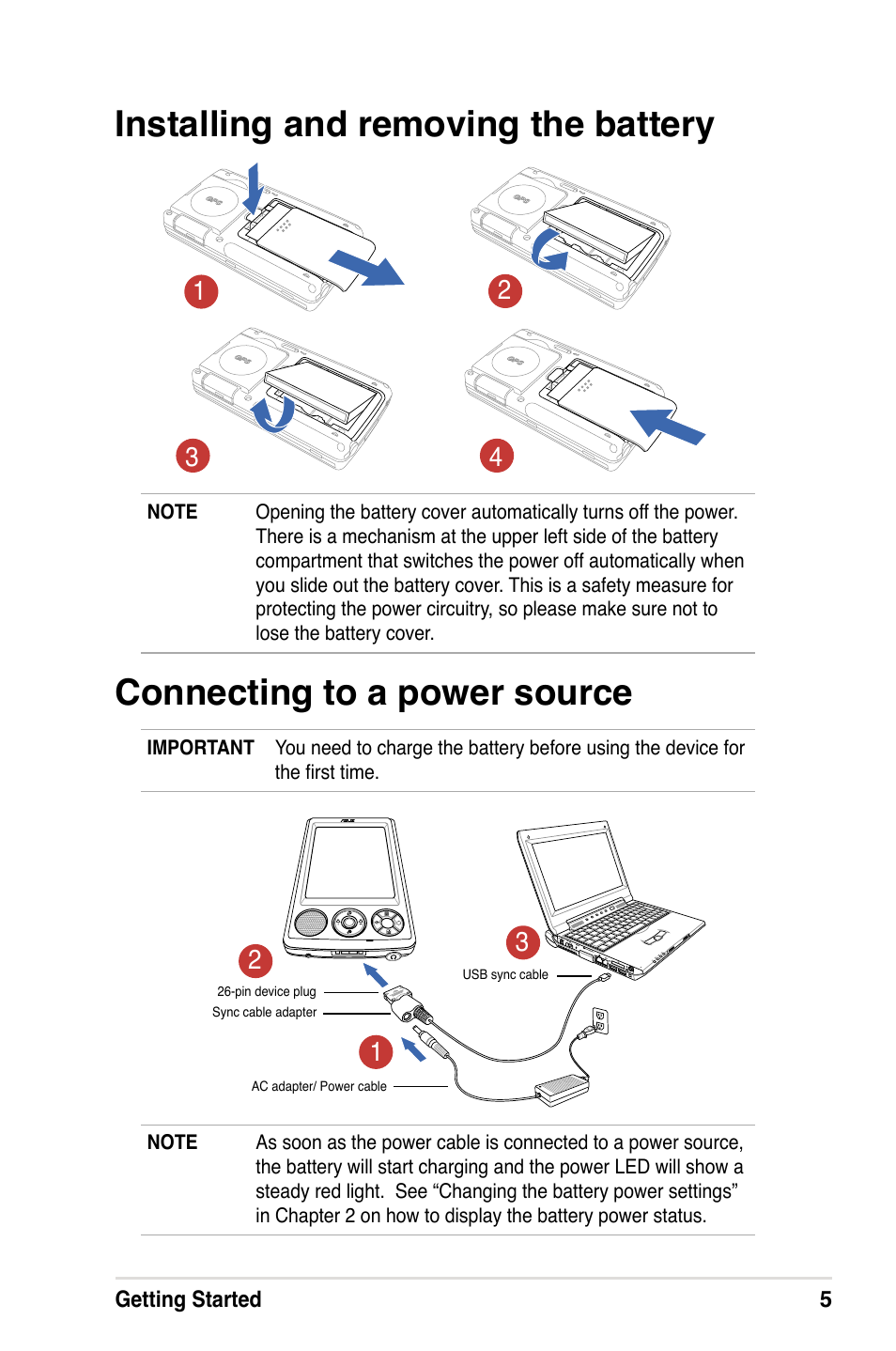Installing and removing the battery, Connecting to a power source, Getting started 5 | Asus A632N User Manual | Page 11 / 104