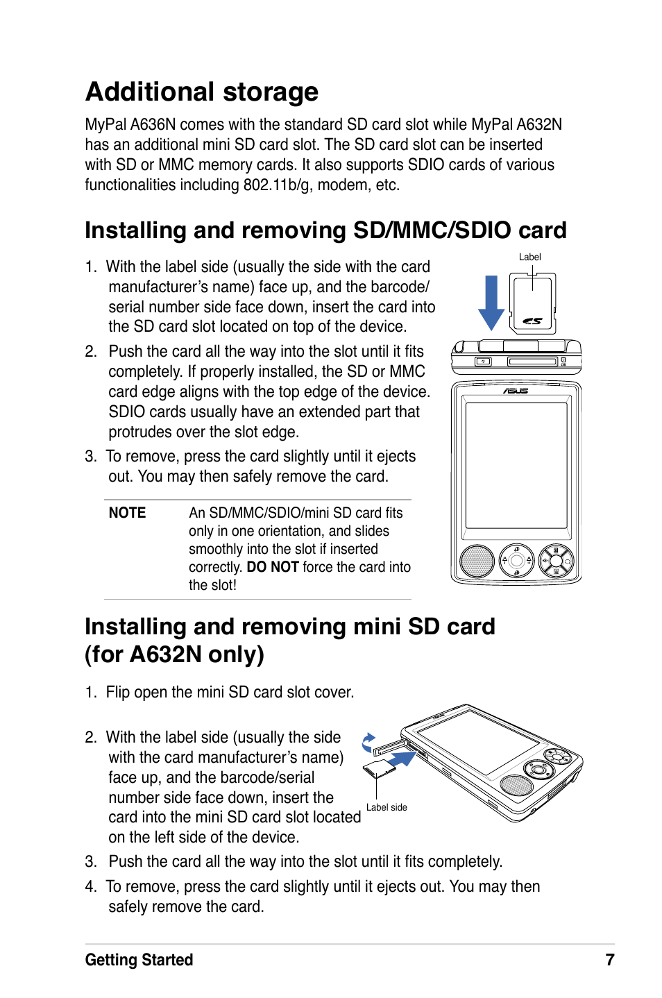 Additional storage, Installing and removing sd/mmc/sdio card | Asus A632N User Manual | Page 13 / 104