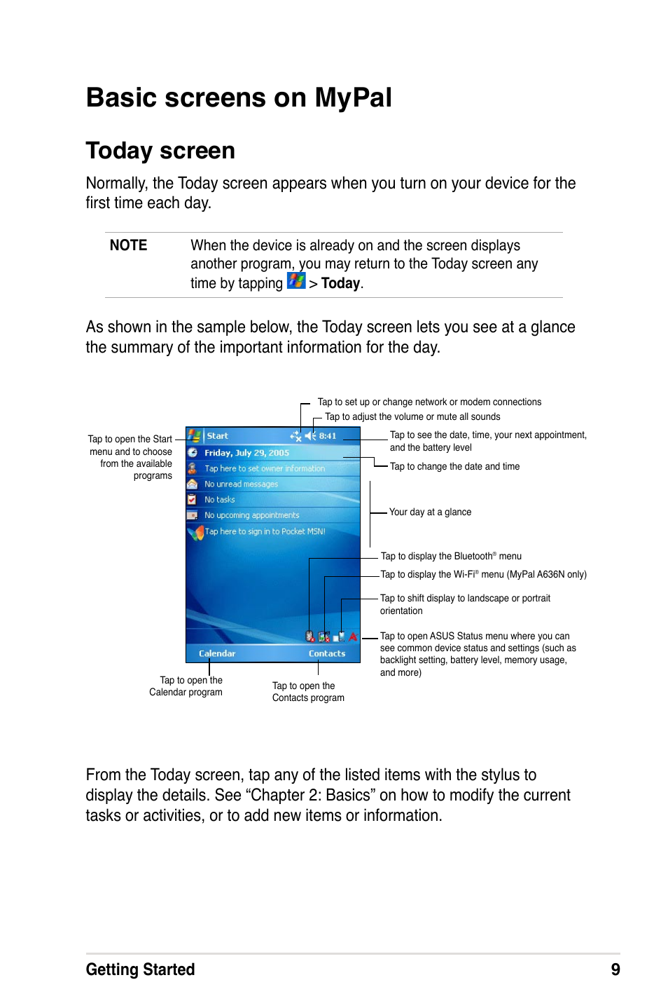 Basic screens on mypal, Today screen, Getting started 9 | Asus A632N User Manual | Page 15 / 104