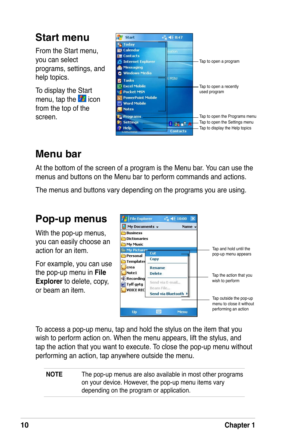 Start menu pop-up menus menu bar | Asus A632N User Manual | Page 16 / 104