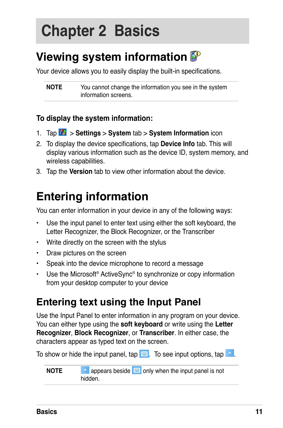 Chapter 2 basics, Entering information, Viewing system information | Entering text using the input panel | Asus A632N User Manual | Page 17 / 104