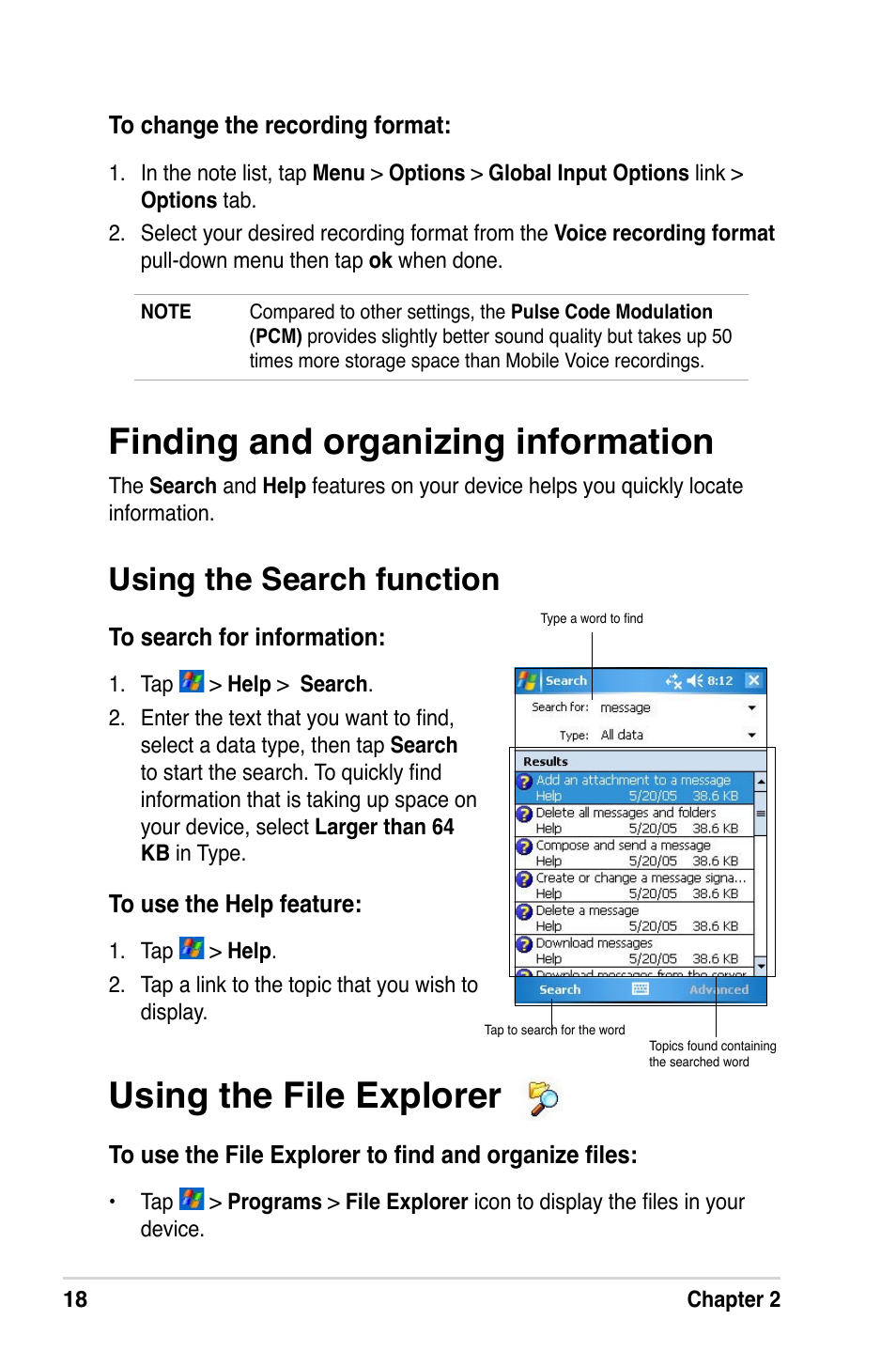 Finding and organizing information, Using the file explorer, Using the search function | Asus A632N User Manual | Page 24 / 104