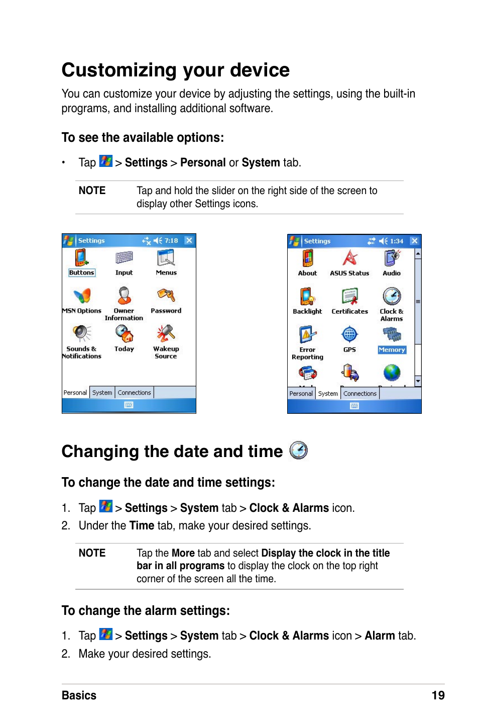 Customizing your device, Changing the date and time | Asus A632N User Manual | Page 25 / 104