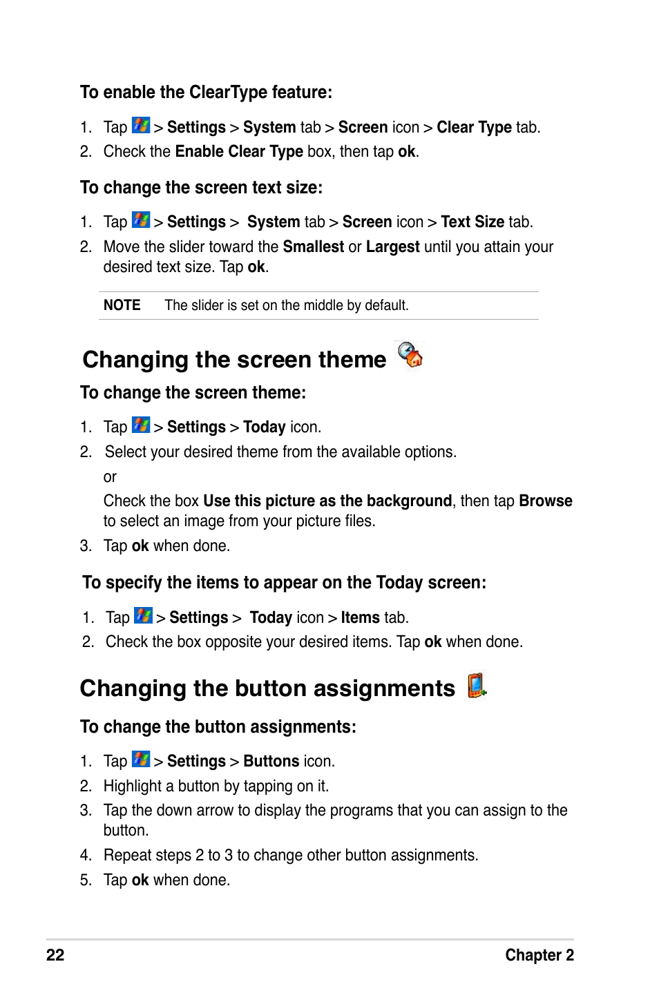 Changing the screen theme, Changing the button assignments | Asus A632N User Manual | Page 28 / 104