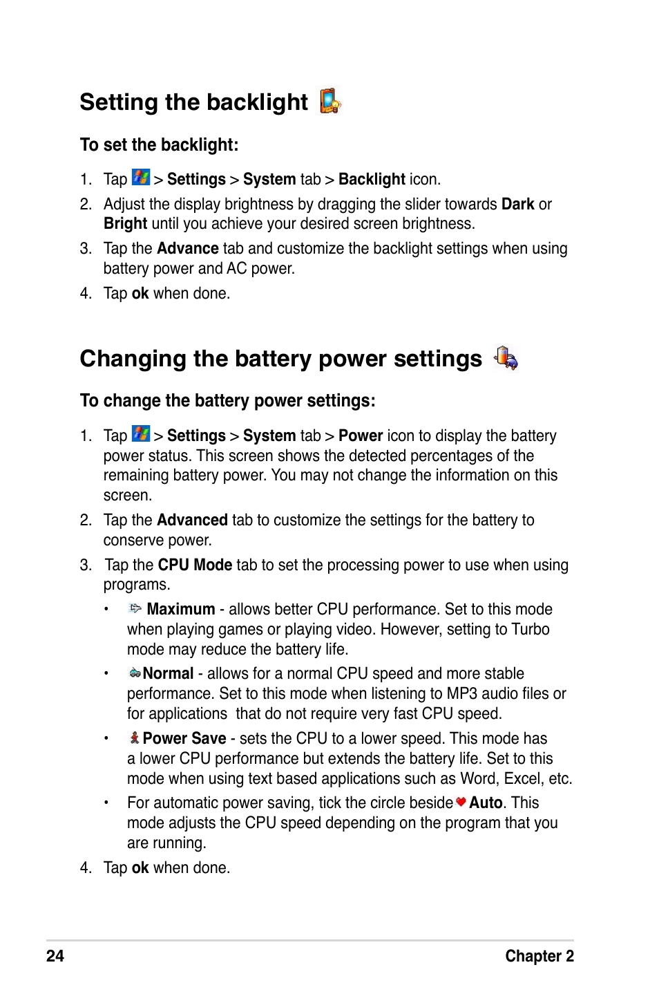 Changing the battery power settings, Setting the backlight | Asus A632N User Manual | Page 30 / 104