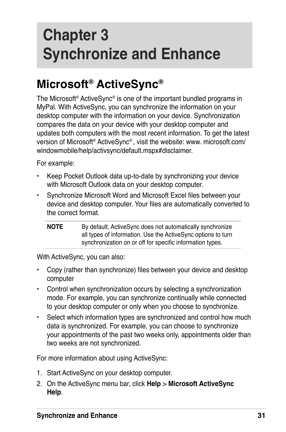 Chapter 3 synchronize and enhance, Microsoft, Activesync | Asus A632N User Manual | Page 37 / 104