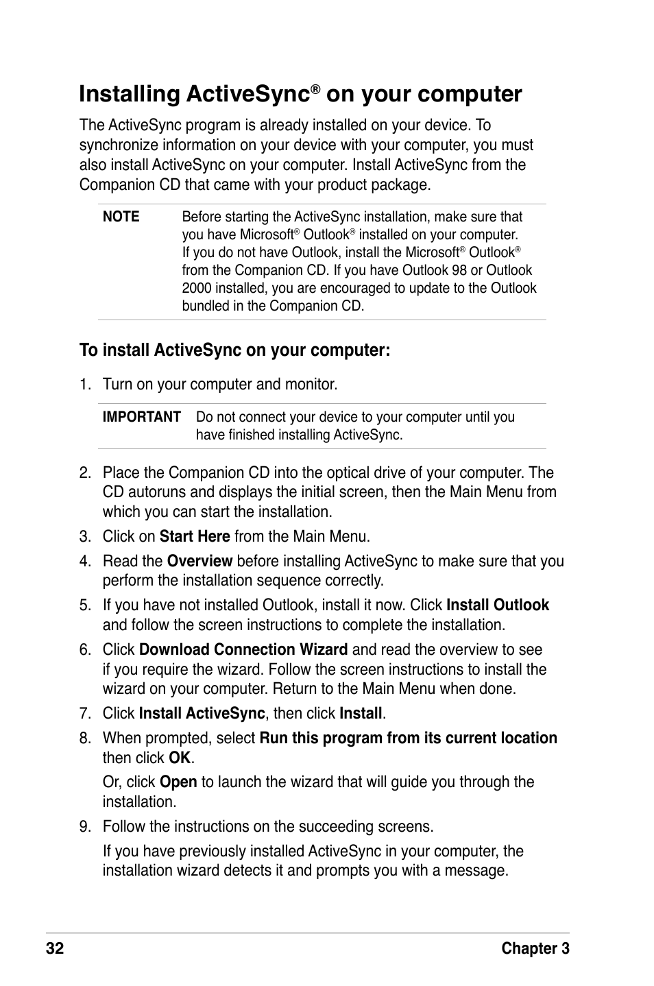 Installing activesync, On your computer | Asus A632N User Manual | Page 38 / 104