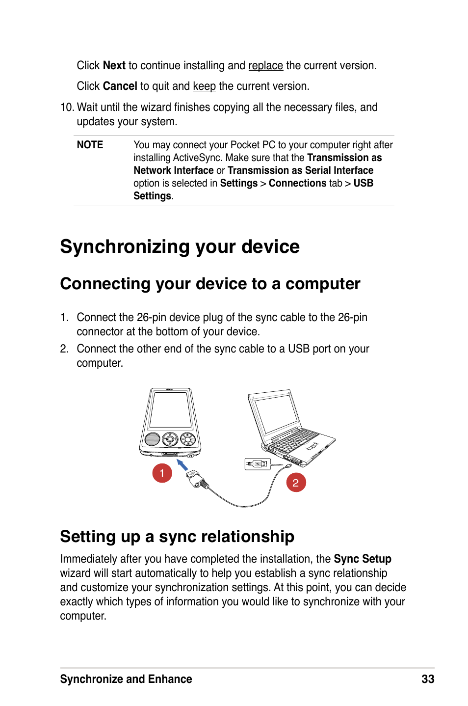 Synchronizing your device, Connecting your device to a computer, Setting up a sync relationship | Asus A632N User Manual | Page 39 / 104